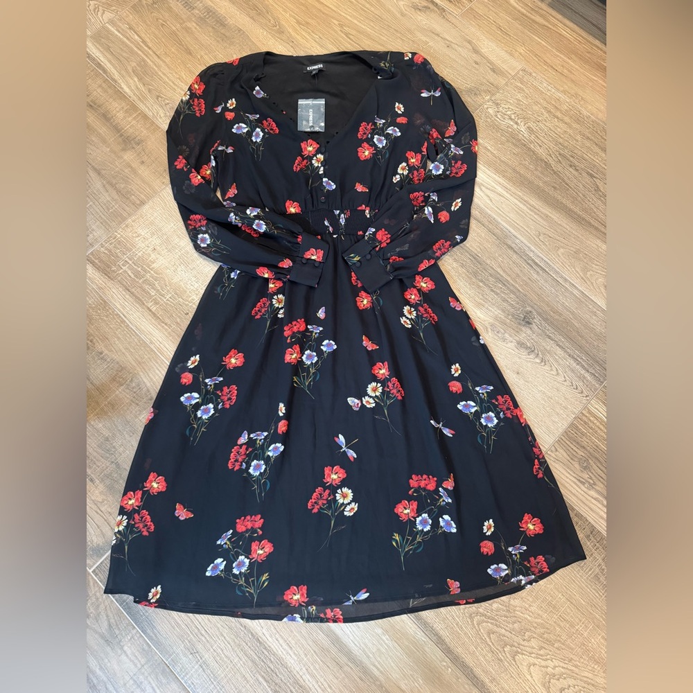 NWT - Express - Black Dress with Red and Floral Design